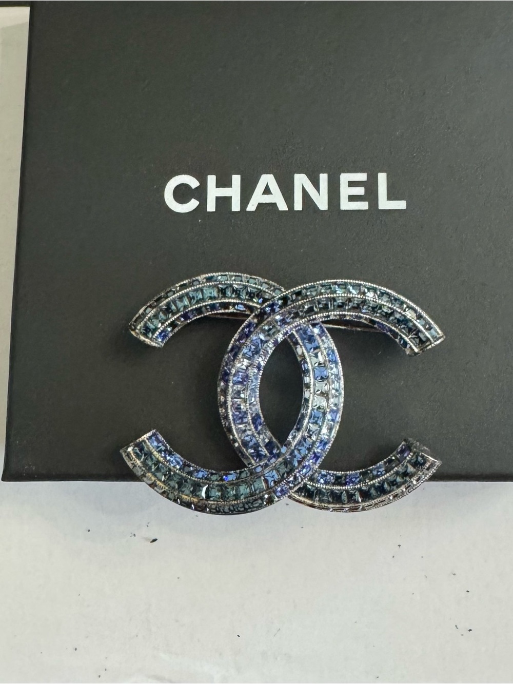 Vintage Authentic CHANEL Large Blue Crystal Interlocking CC Logo Brooch